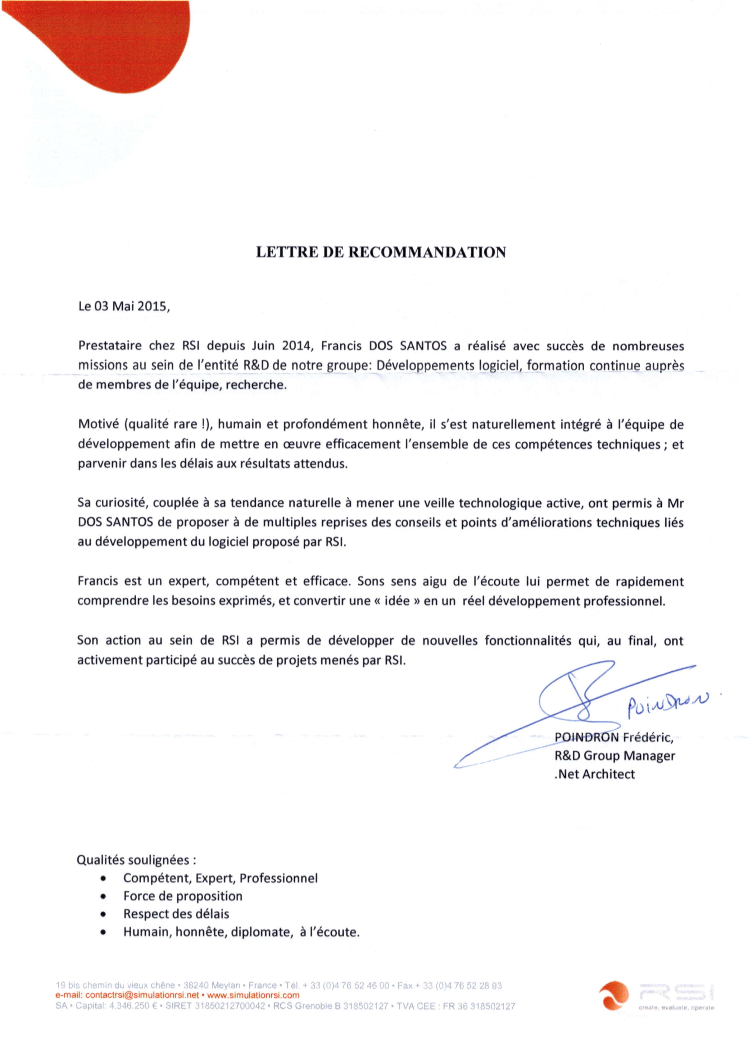 Exemple De Lettre De Recommandation